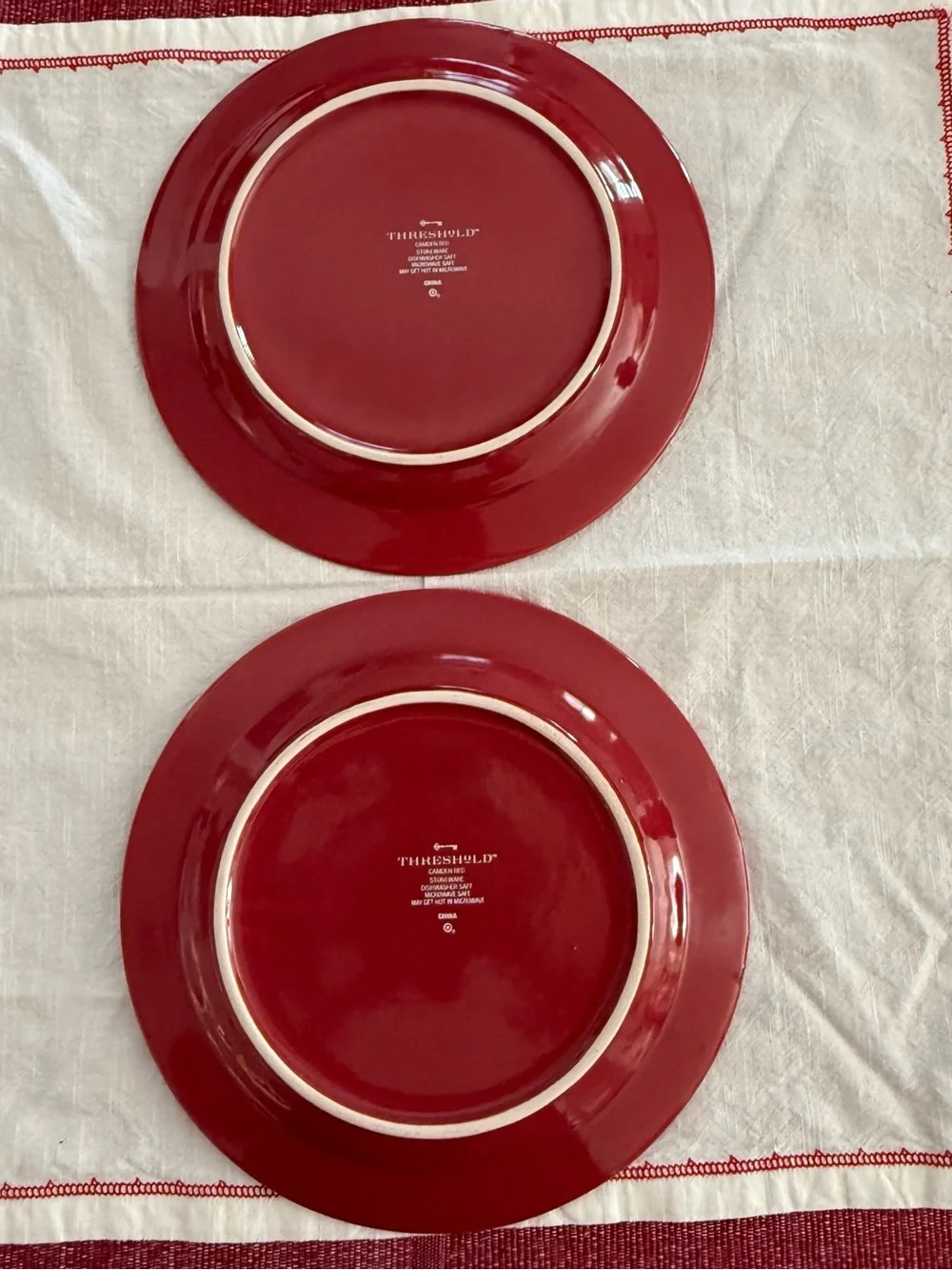 Vintage Hearth and Hand Red Stoneware Dinner Salad Plates and 4 brass stir spoon